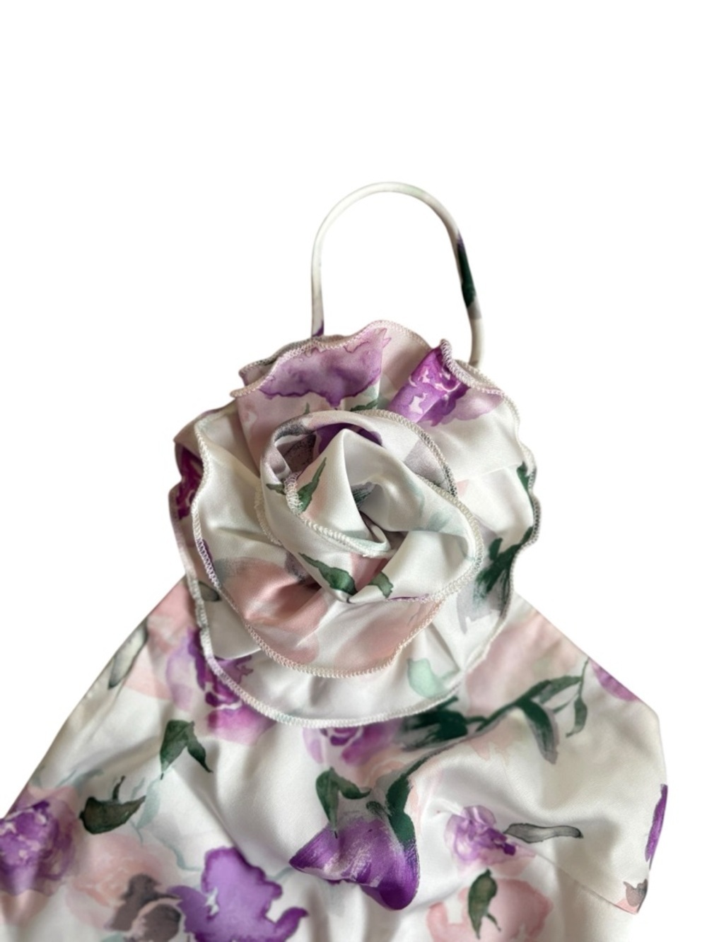 Bardot Wisteria Satin Floral V-Neck Cami with Rosette - White & Purple - Picture 5 of 8